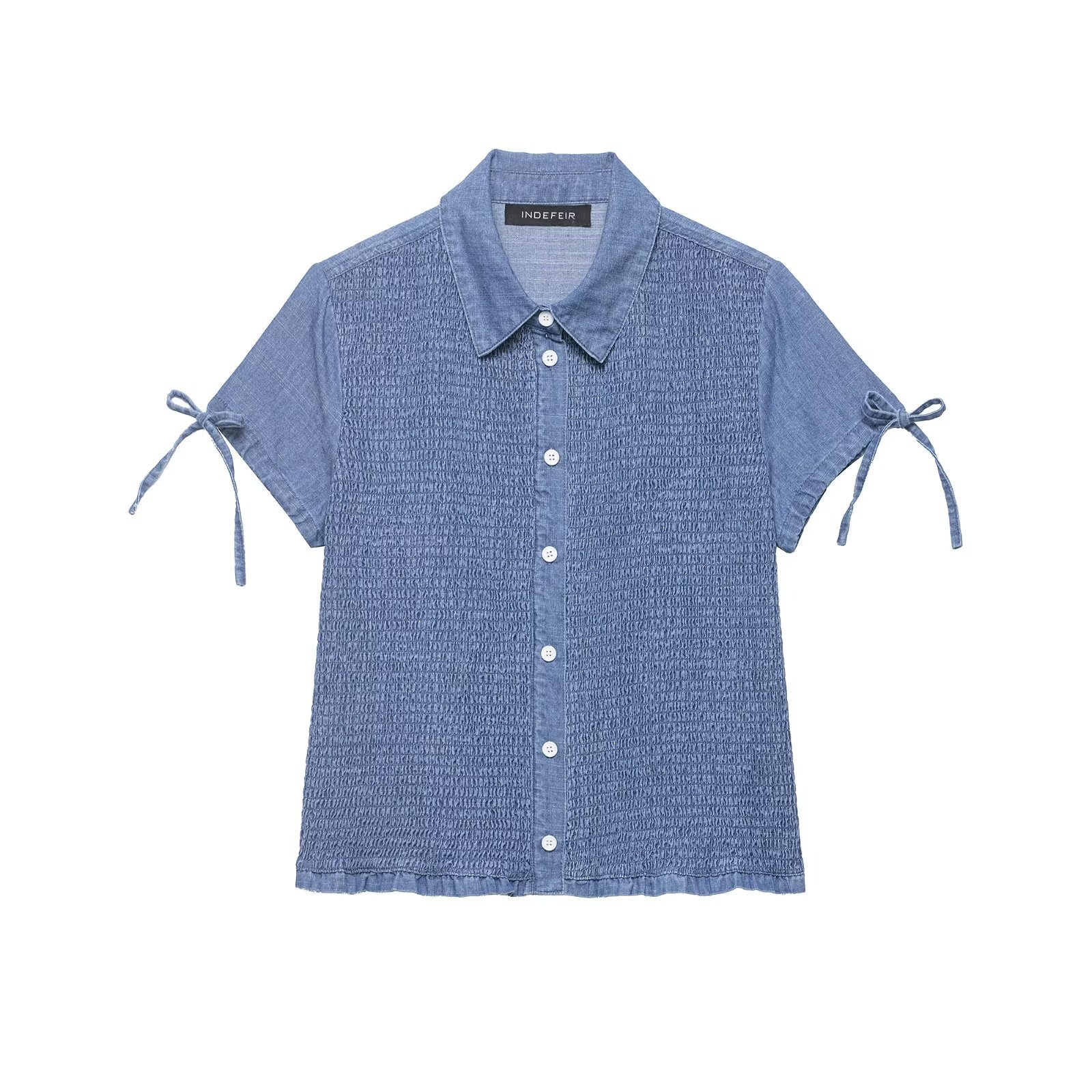 Women Fashion Blouse - Women Blue Smocked Denim Shirt Short