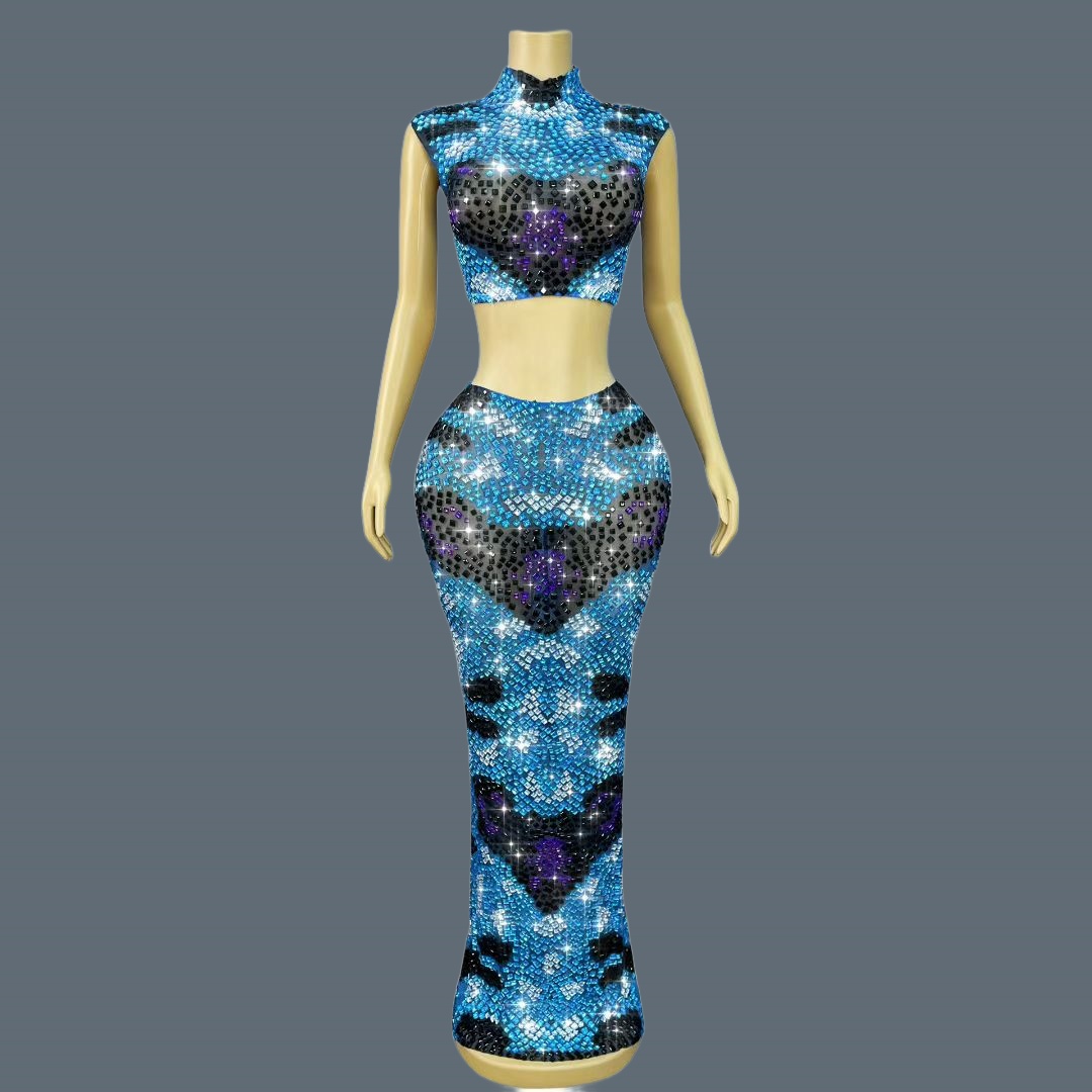Asymmetric Top Women - Sparkly Crystals Blue Black Crop Tops