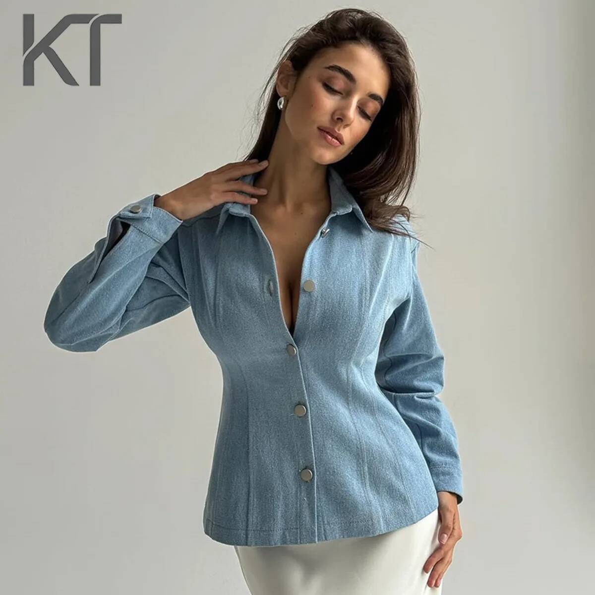 Women Fashion Blouse - KT Vintage Waist Cinching Denim Shirt
