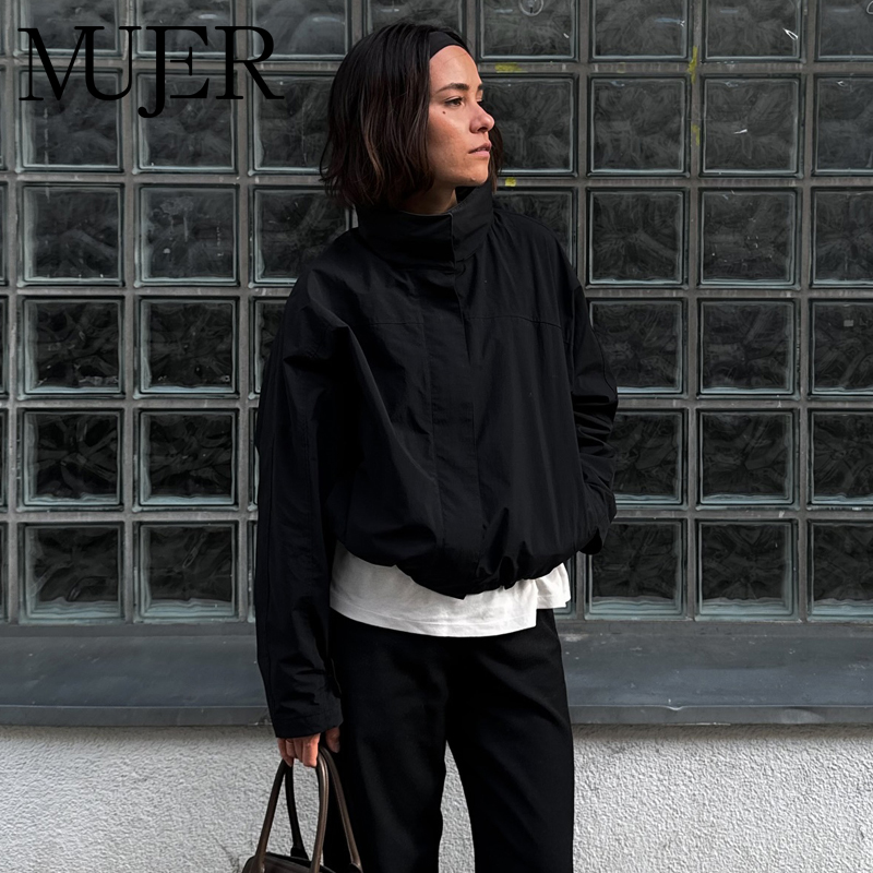Women'S Fashion Bomber Jacket - MUJER Black Windbreaker Woman Zip Cropped