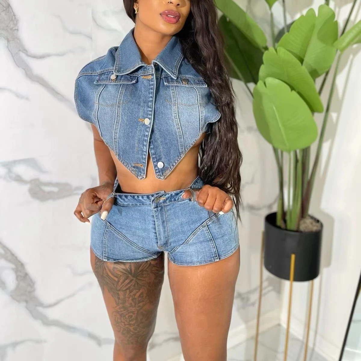 Two Piece Sets Women Denim Out - Asymmetric Top Women review and price
